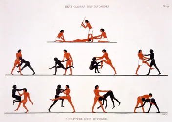 Top: Punishing a Native Man with a Stick, Bottom: Various Wrestling Poses